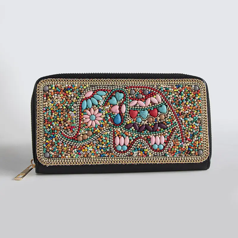 Boho Evil Eye Hand Beaded Long Zip Wallet, Ethnic Bohemian Handmade Bead Clutch Purse, Large Capacity Women Coin Card Holder Wristlet for Holiday Daily