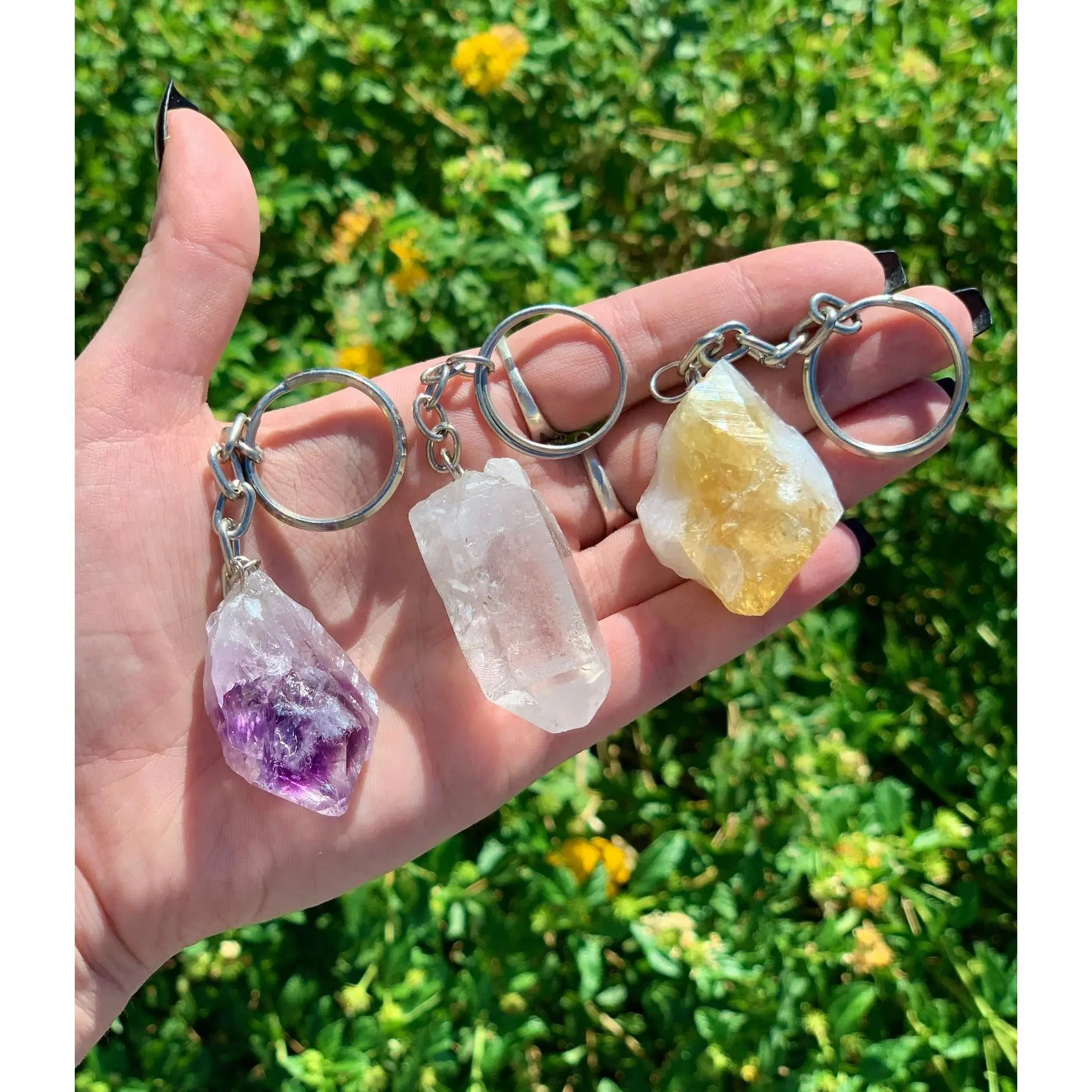 Crystal Keychain – Choose Amethyst, Citrine, Clear Quartz or Onyx – Healing Stone Keyring Boho Car Charm – Spiritual Gift for Her or Him