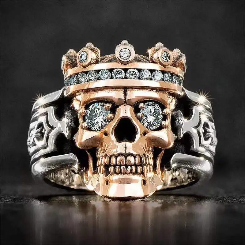 Men's Double-Color Crown Skull Ring - New Creative Ghost Head Punk Jewelry with Dark Aesthetic, Gothic Fantasy, Skull Graphic Styles, Fashion Trend Wholesale Gift, Dark Aesthetic Rings, Punk Style Ring