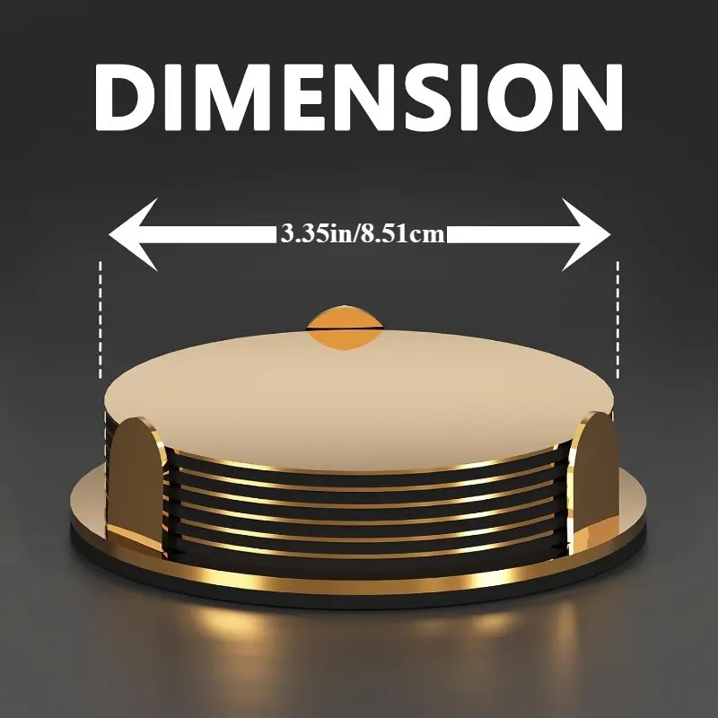 6 polished gold stainless steel coasters with round mirror polishing and elegant ridge design are used as decorative coaster for Christmas parties, wedding drinks and tea table decoration.