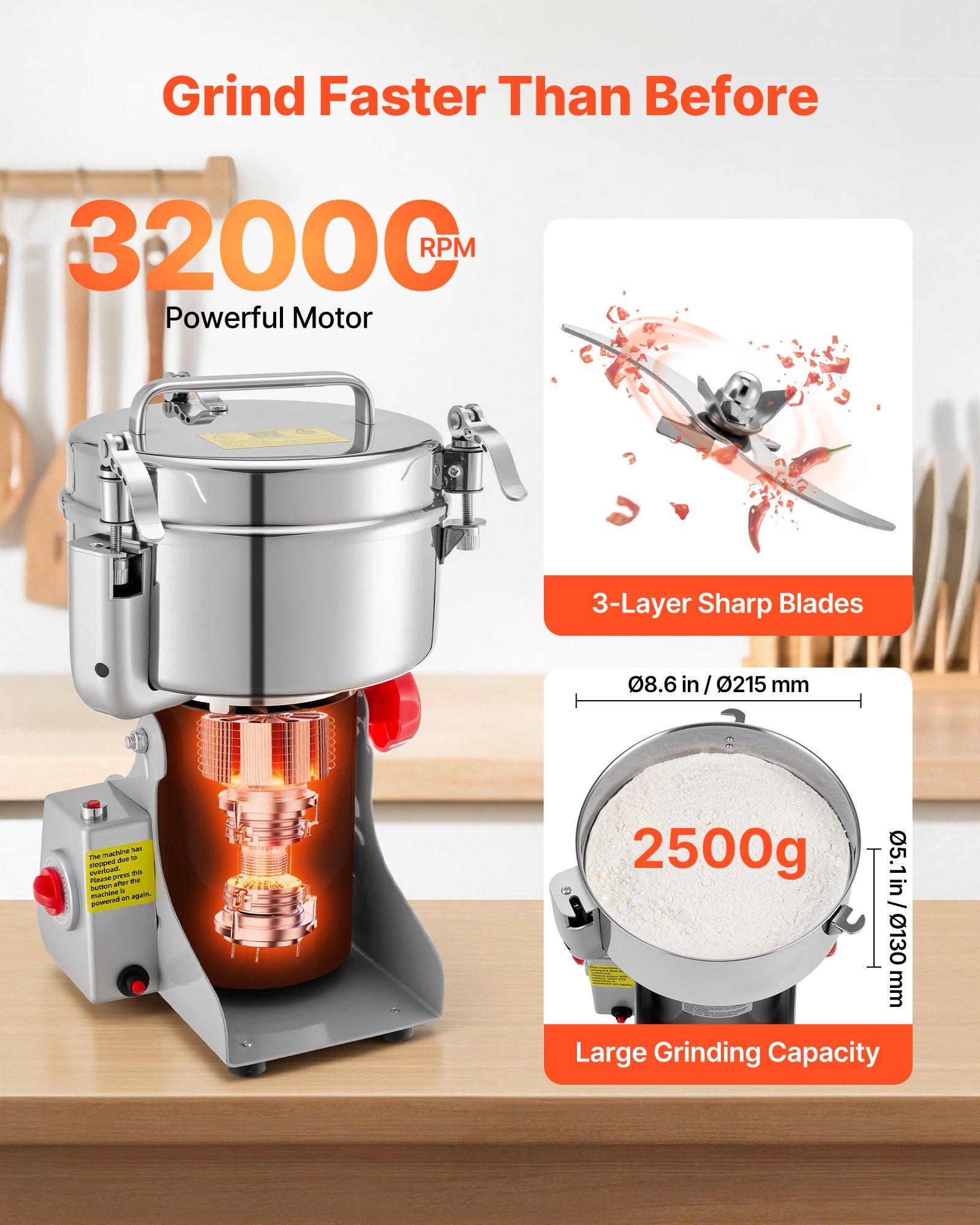 VEVOR 2500g Electric Grain Mill Grinder, 3400W 32000RPM High Speed ...