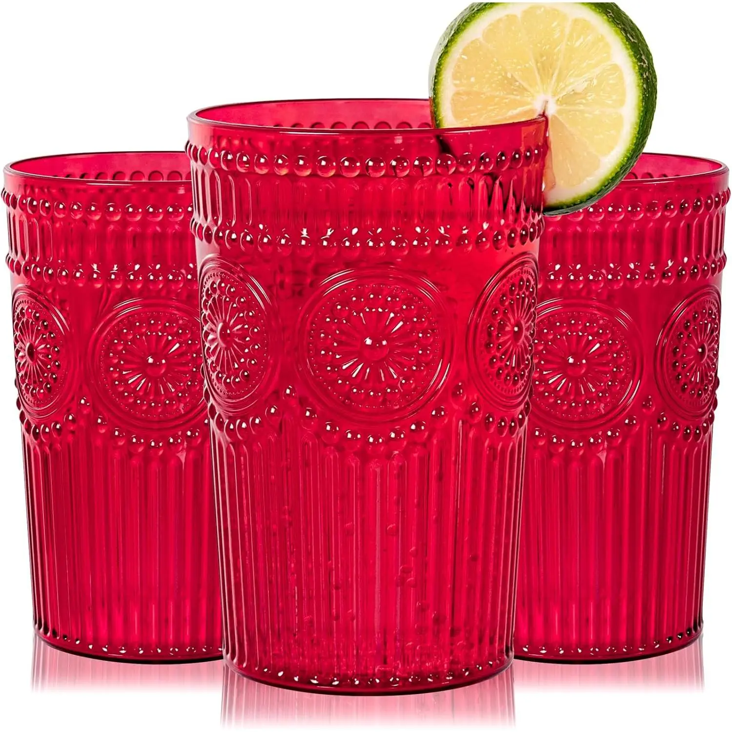 12 Pack Romantic Plastic Water Glasses - 14 Oz Red Vintage Drinking Glasses, Embossed Ribbed Plastic Cups, Textured Striped Set for Juice, Beverages, Beer, Cocktail