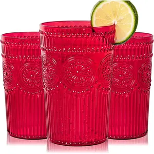 12 Pack Romantic Plastic Water Glasses - 14 Oz Red Vintage Drinking Glasses, Embossed Ribbed Plastic Cups, Textured Striped Set for Juice, Beverages, Beer, Cocktail