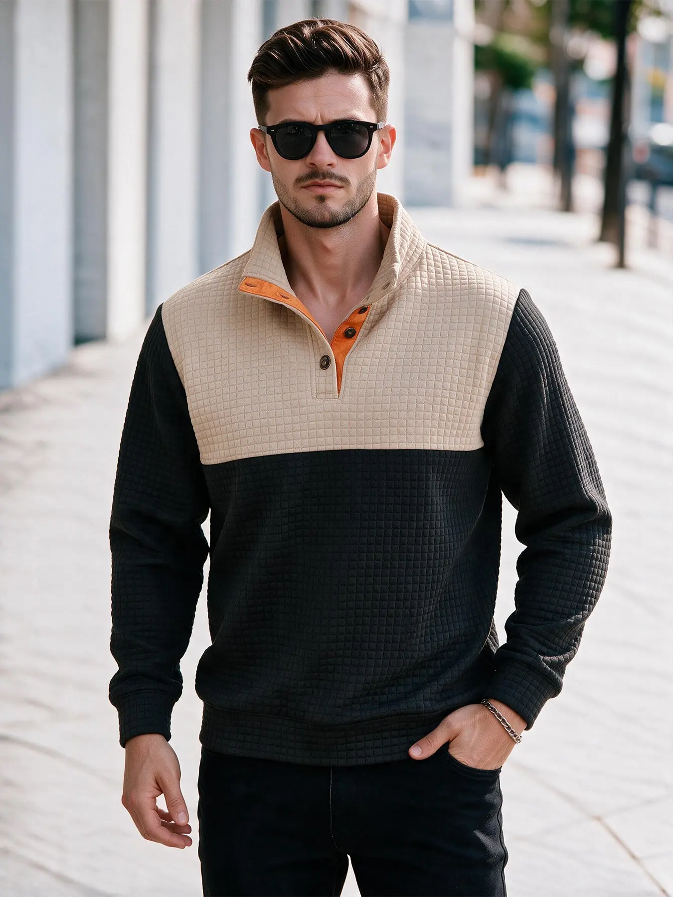 Men's Waffle Patchwork Stand Collar Sweatshirt, Half Open Button Colorblock Long Sleeve Top, Spring Fall Loose Casual Commute Pullover, Casual Patchwork Sweatshirts