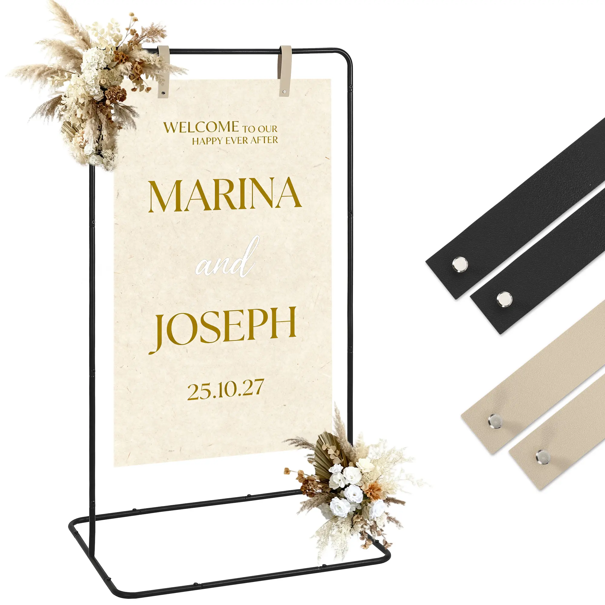 Classic Heavy-Duty Iron Metal Vertical Display Easel - Adjustable Height Range Sign Holder, Rectangular Welcome Stand with 4 Faux Leather Straps, Easy Installation for Weddings, Indoor-Outdoor Safe Use