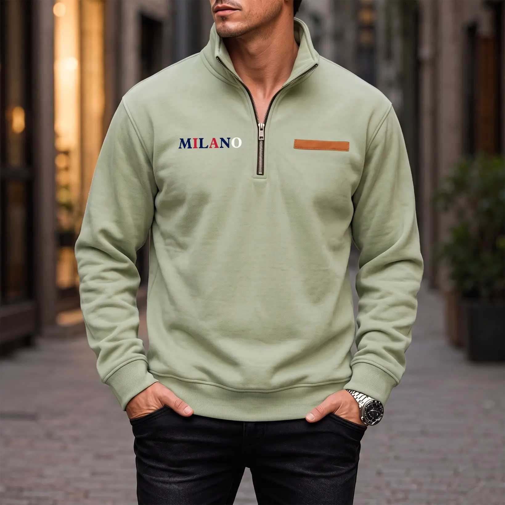 Men's Quarter Zip Stand Collar Sweatshirt with Milano Letter Print, Soft Fleece Lined Pullover Jacket, Casual Athletic Long Sleeve Top for Winter Daily Wear, Outdoor Sports and Athleisure Style