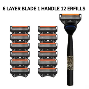 Men's 6-Layer Manual Razor, Stainless Steel Safety Shaving Tool, Skin Protection System, Multiple Replacement Blades, Replaceable Blades, Ideal for Beard and Facial Hair Trimming, Beard Shaver
