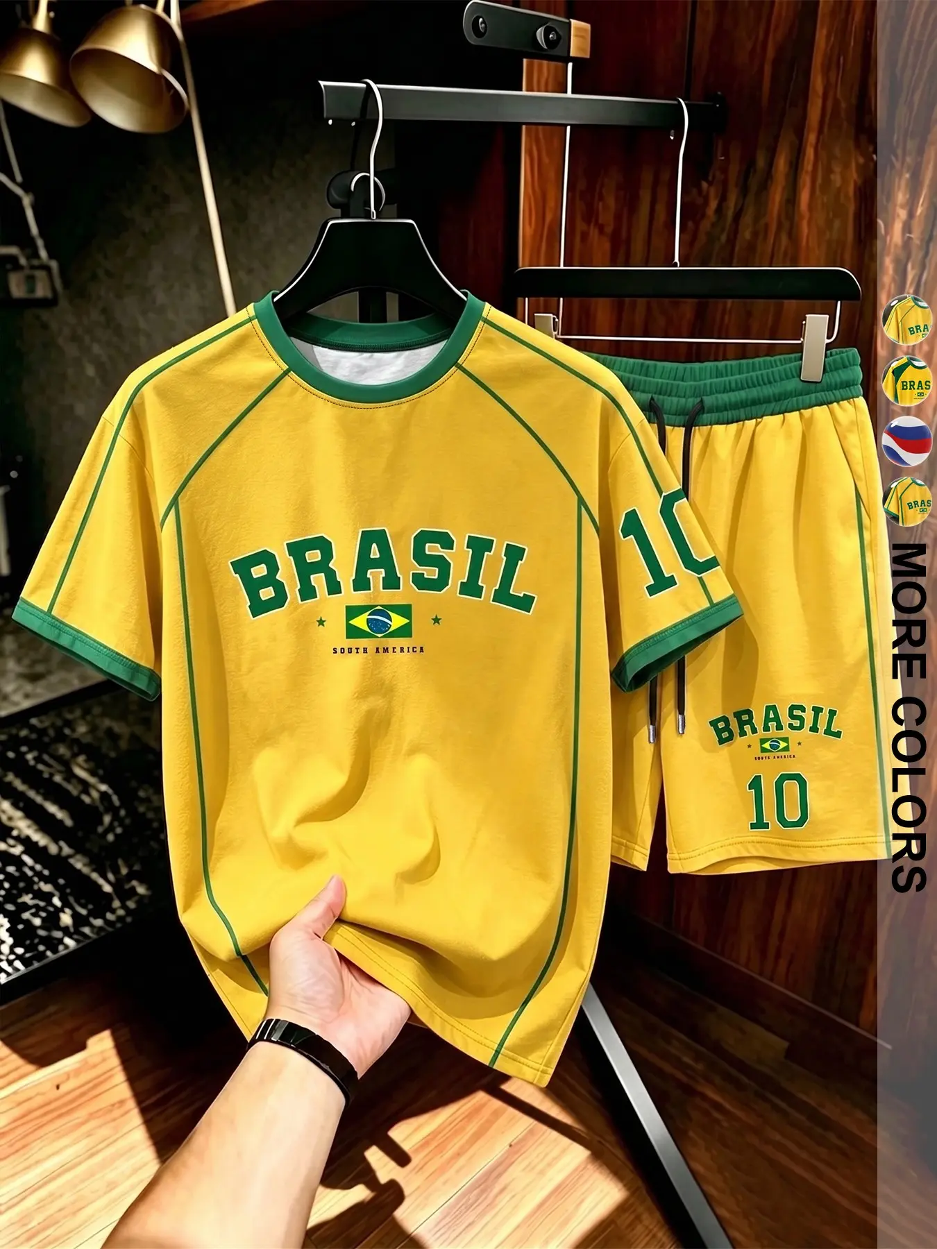Men's Brazil Color Sports Jersey Set, Graphic Letter Print T-Shirt and Shorts, Casual Comfortable Daily Wear