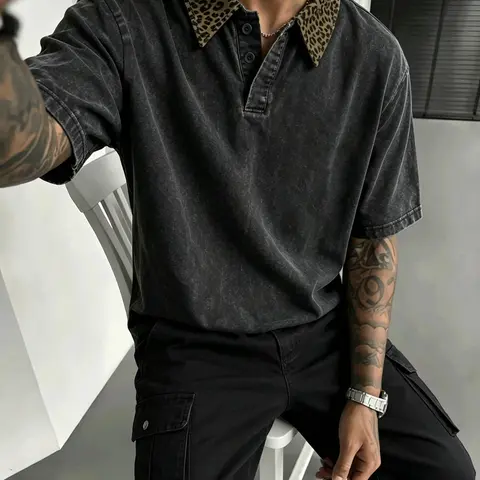 Men's polo shirt, Streetwear Polo Shirt, featuring a contrasting leopard-print panel design and a washed, distressed finish. Crafted from cotton, it embodies a casual street-style aesthetic, making it a versatile wardrobe staple