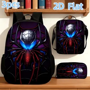 3-piece unisex large-capacity backpack, cool red and blue spider 2D print pattern, adjustable shoulder straps, zipper closure, set includes a shoulder bag, crossbody bag, and pencil case, essential backpack for back-to-school season, school, camping, trav