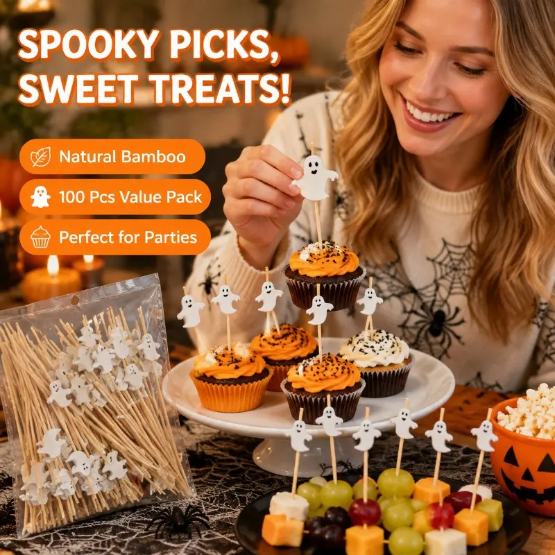 Halloween Bamboo Cocktail Picks – Food-Grade Smooth Fruit Skewers for Party Desserts