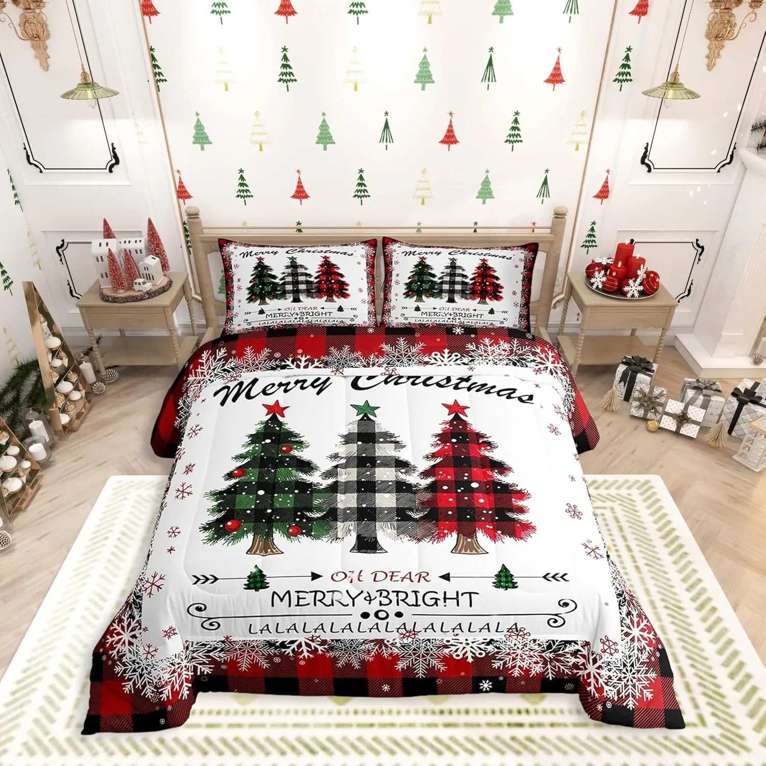 3pcs Plaid Christmas Tree Quilt Set, 1 Quilt + 2 Pillowcases, 200g Fill, Soft Breathable, Digital Print, Ideal for Bedroom Dorm Home Use