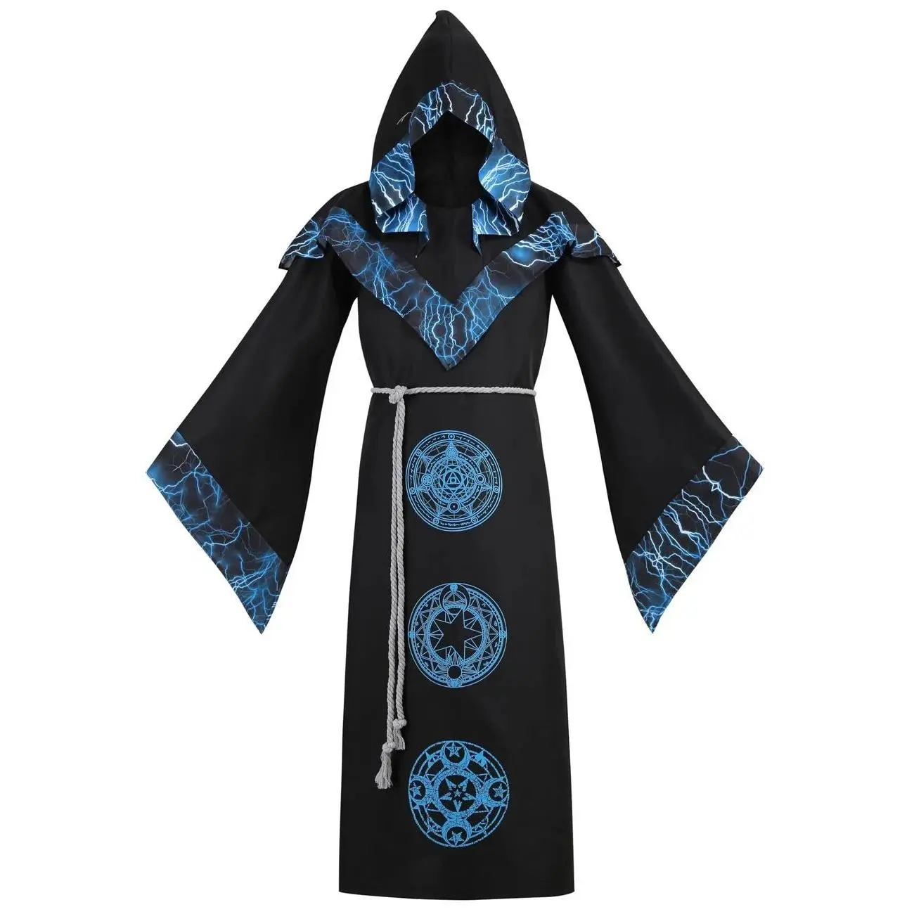 Halloween Dark Wizard Robe Medieval Style Hooded Cloak Cape for Stage Performance Cosplay