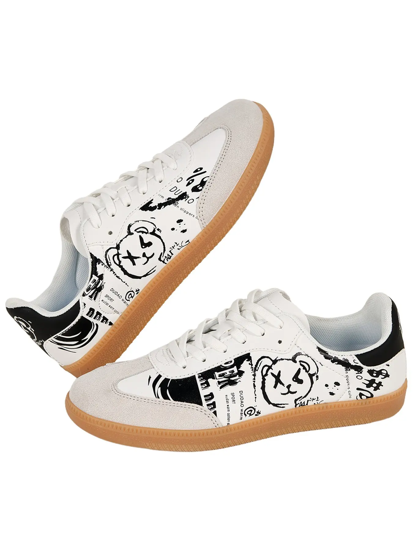 JEKO Unisex Cartoon Bear Graffiti Low Top Sneakers, Lace-Up Retro Round Toe Board Shoes, Lightweight Breathable for Daily Wear, Campus, Travel, Streetwear