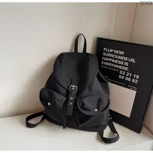 Drawstring Flap Backpack, Dual Front Pocket Metal Buckle Casual Daypack, Lightweight Adjustable Strap Daily Storage Accessory, Soft Simple Solid Color Backpack for Campus Commute Shopping Travel Gym Weekend Urban Casual Outfits