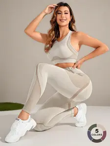 Women's Round Neck Crop Tank Top & High Waist Leggings Tracksuit Set, Sporty Breathable Comfortable Outfits for Yoga Gym Workout Running, Ladies Sportswear for All Seasons, Fitted Yoga Set