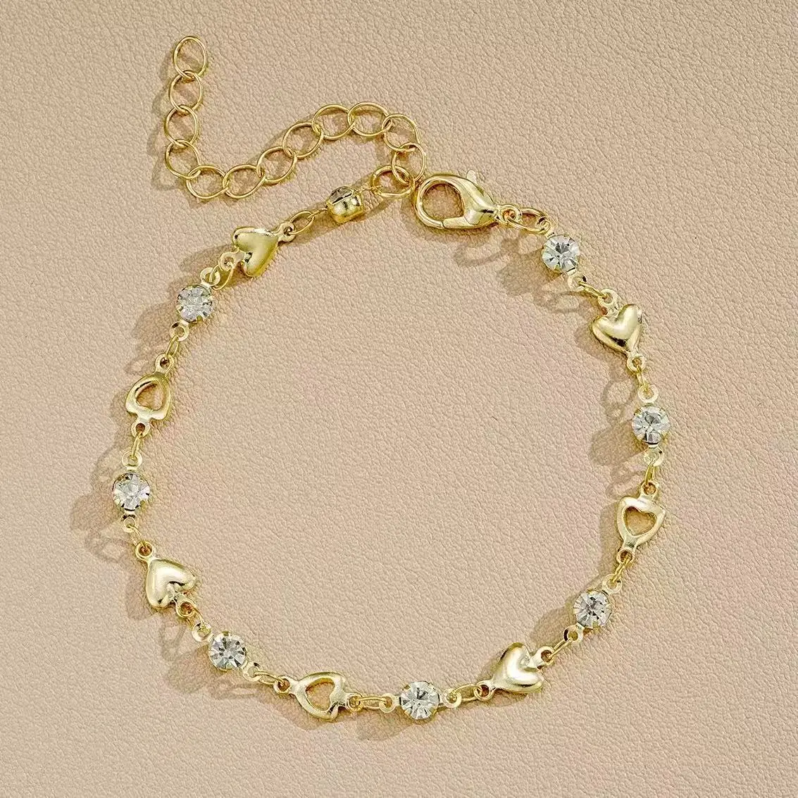 Women's Dainty Gold-Plated Charm Bracelets - Alternating Hollow & Solid Hearts With Sparkling Crystals, Adjustable Coquette Aesthetic Jewelry For Daily Wear & Romantic Gifting
