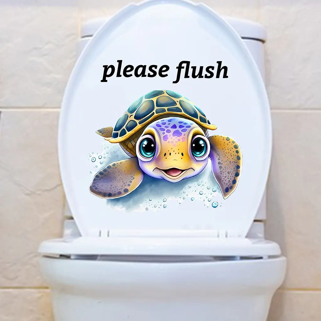 1 Set of Cute Turtle 'please flush' Tips Wall Stickers with Ocean Style Toilet Slogans, Suitable for Home Decoration such as Bathroom, Living Room, Toilet, etc. Peel and Paste, Self Adhesive and Detachable PVC Material, Bathroom Decoration Accessories