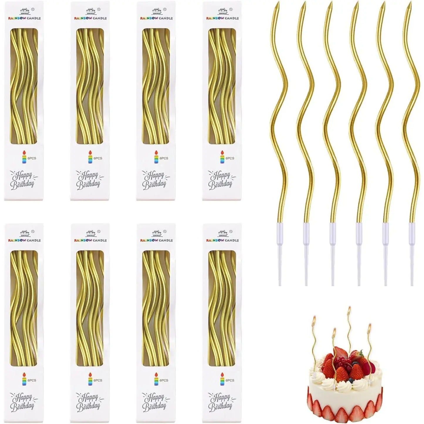 48 Pieces Gold Birthday Candles, Gold Spiral Candles, Metallic Long Thin Curly Cake Candles for Birthday Cake Cupcake Wedding Anniversary Baby Shower Celebration Decorations