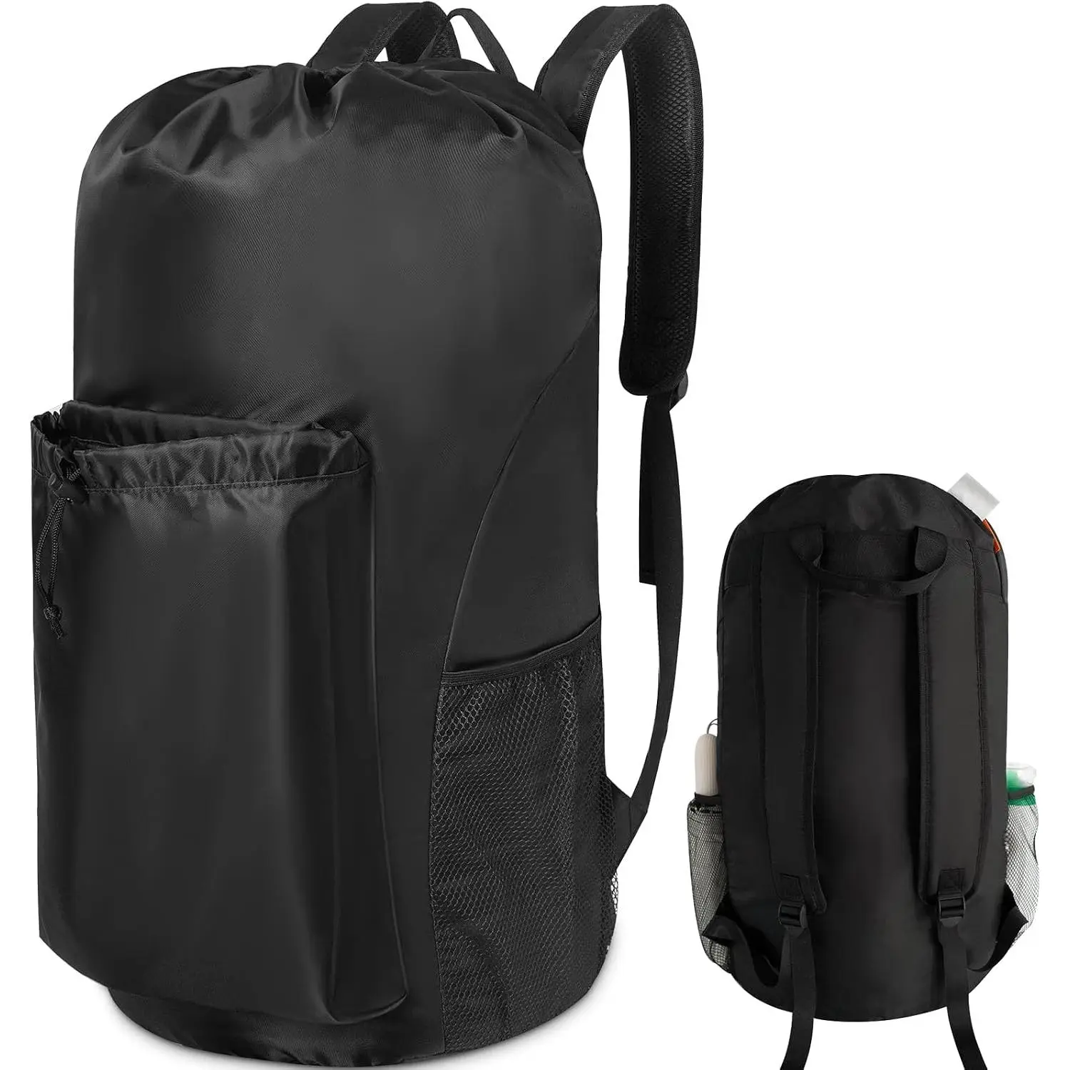 Extra Heavy-Duty Backpack Laundry Bag 13.5x29- Large Drawstring bag with Comfortable Padded Shoulder Straps & 4 Pockets & ID Tag for Dorm, College, Travel, Black