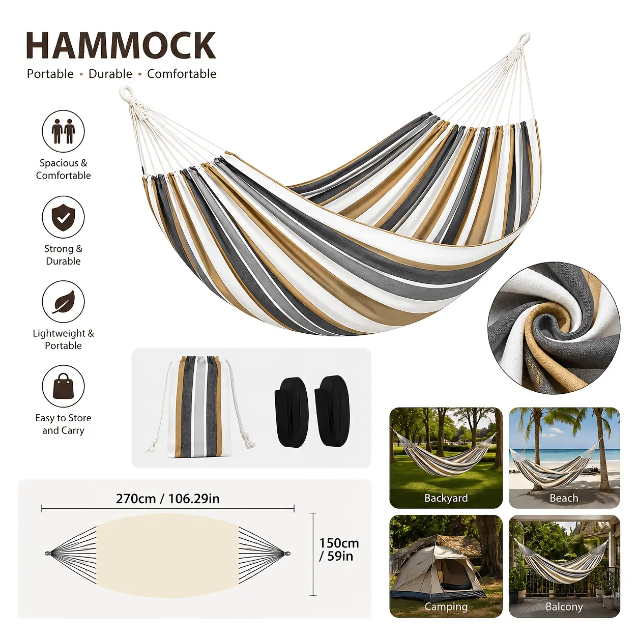 Extra-wide and extra-large double hammock without wooden poles, made of high-load-bearing and thickened canvas, suitable for hanging on the terrace for daily family relaxation.