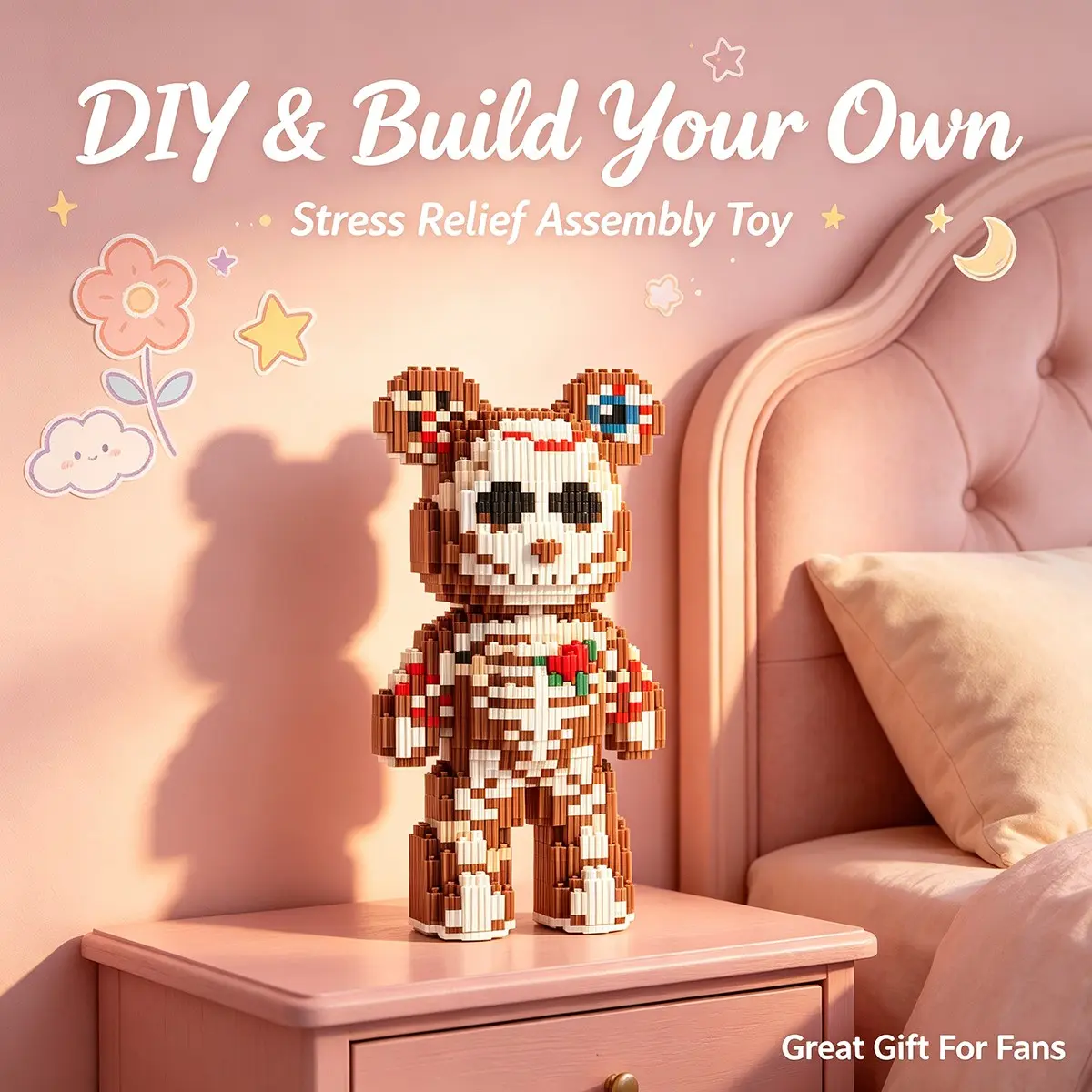 Floral Skull Bear 3D Puzzle Block Ornament, Home Office Decor, Party Decoration, Ideal Gift, Handmade Craft, Lightweight Statue, Collectible