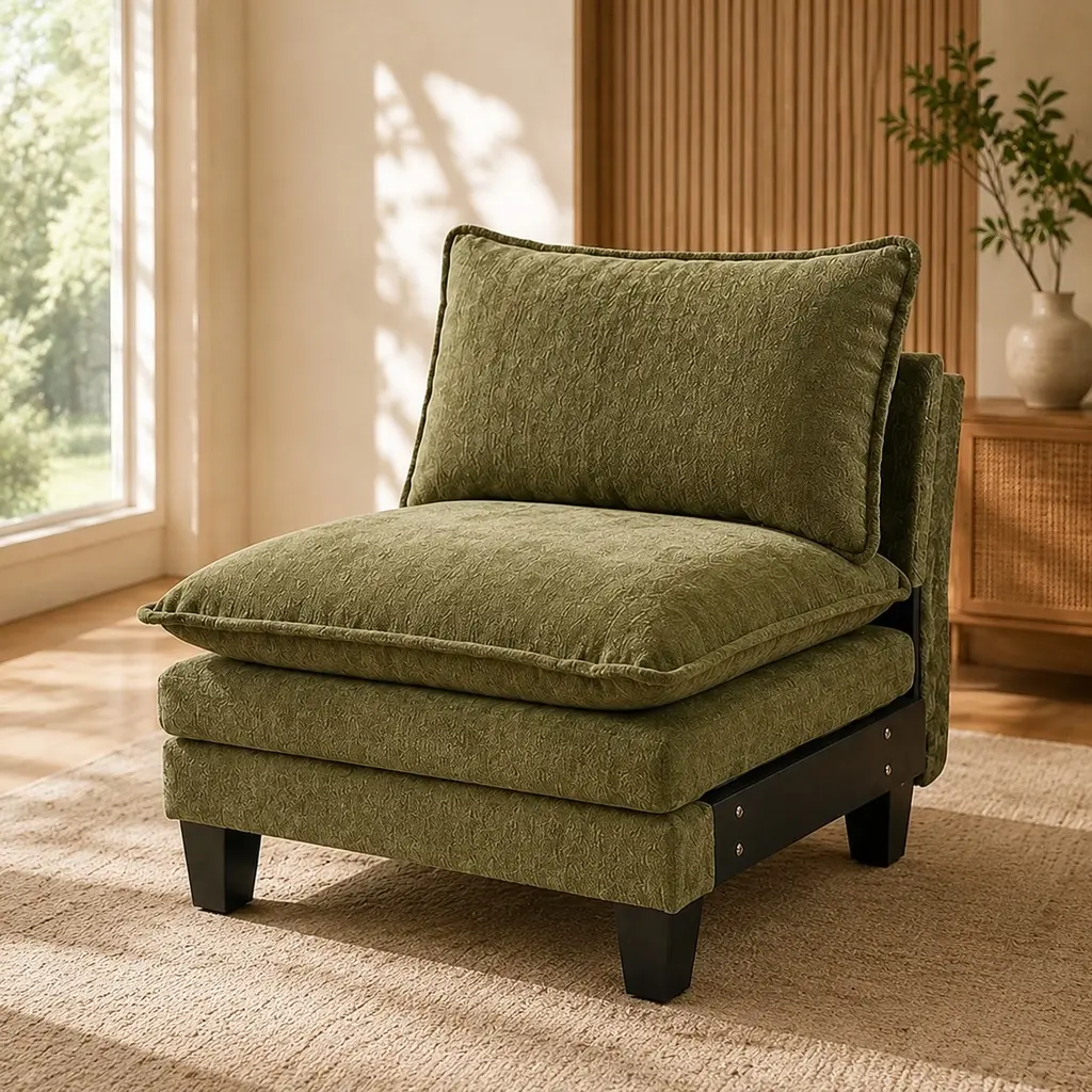 Green Chenille Accent Chair Armless Modular Single Sofa Club Chair Oversized Living Room Chair with Thick Cushion for Reading Nook Relaxation, 27.56W x 34.65D x 33.86H
