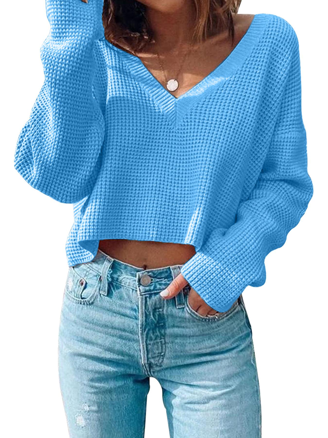 Women's Textured Drop Shoulder Crop Sweater, Basic Soft Casual Long Sleeve Deep V Neck Jumper for Fall & Winter, Women's Knitwear Top for Daily Wear