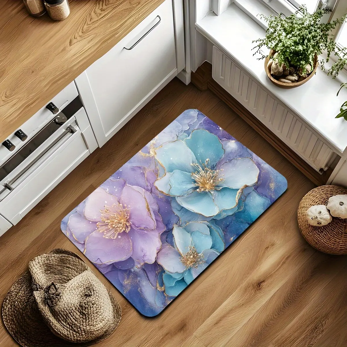 A luxurious bathroom mat, featuring a blue and purple floral design, made from diatomite. It has high water absorption, is slip-resistant, and dries quickly, making it suitable for various spaces such as the entryway, bathroom, kitchen, living room, etc
