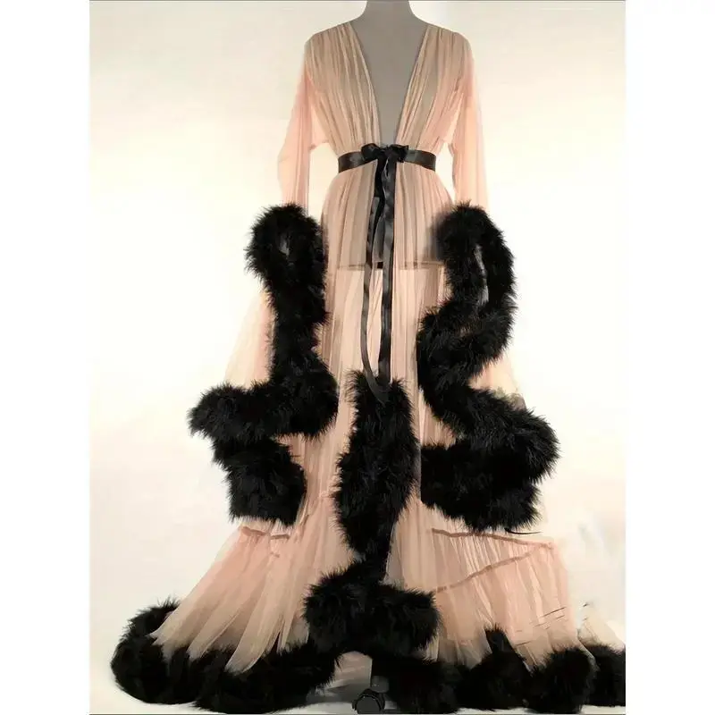Women Long Sleeve Plush Robe Luxury Kimono See Through Extra Long Babydoll Nightgown Dress Lace Loungewear