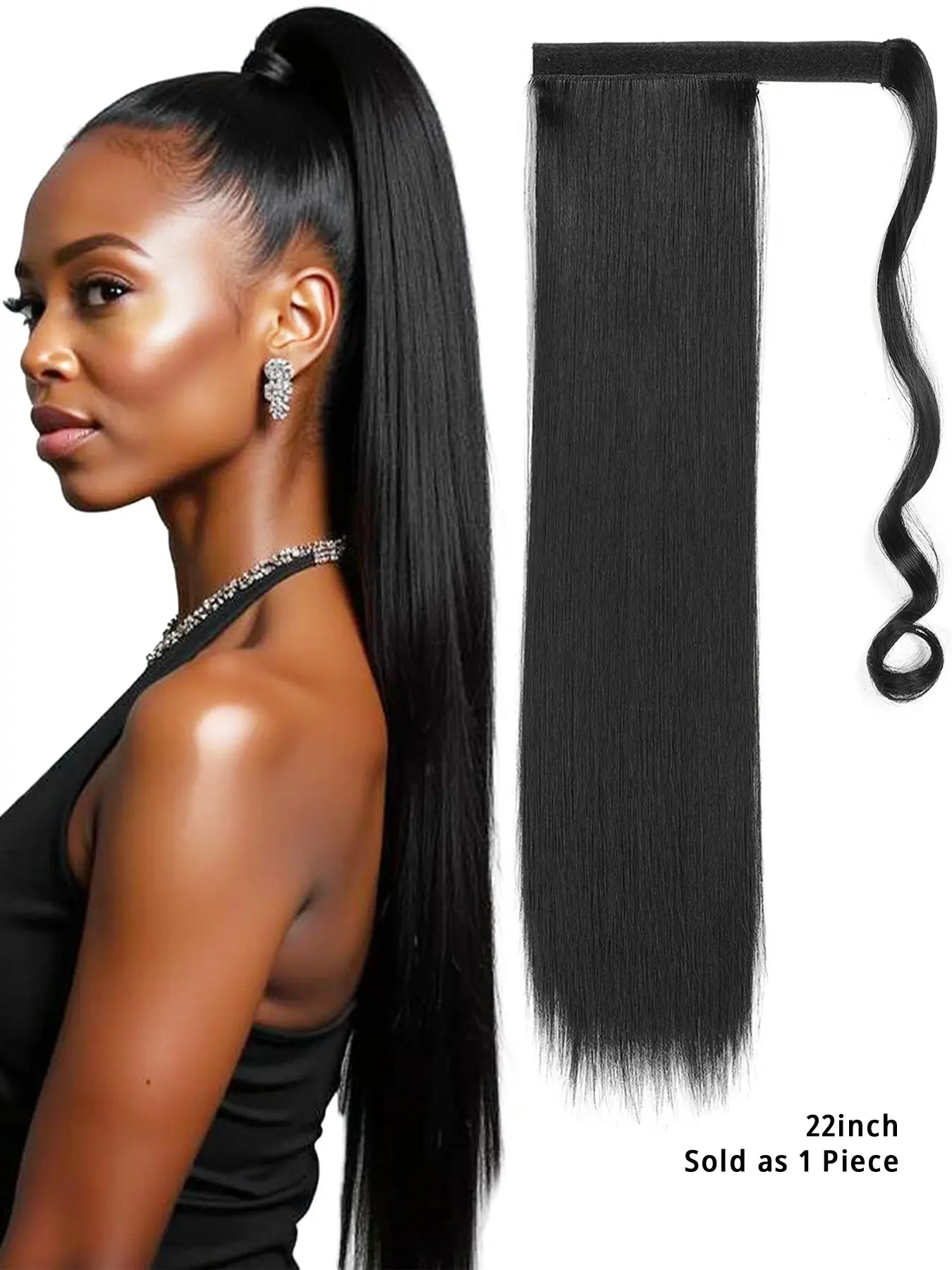 Wrap‑Around Synthetic Ponytail Extension, Long Straight Ponytail Hairpiece with Velcro Strap, Women Hair Extension for Daily Wear