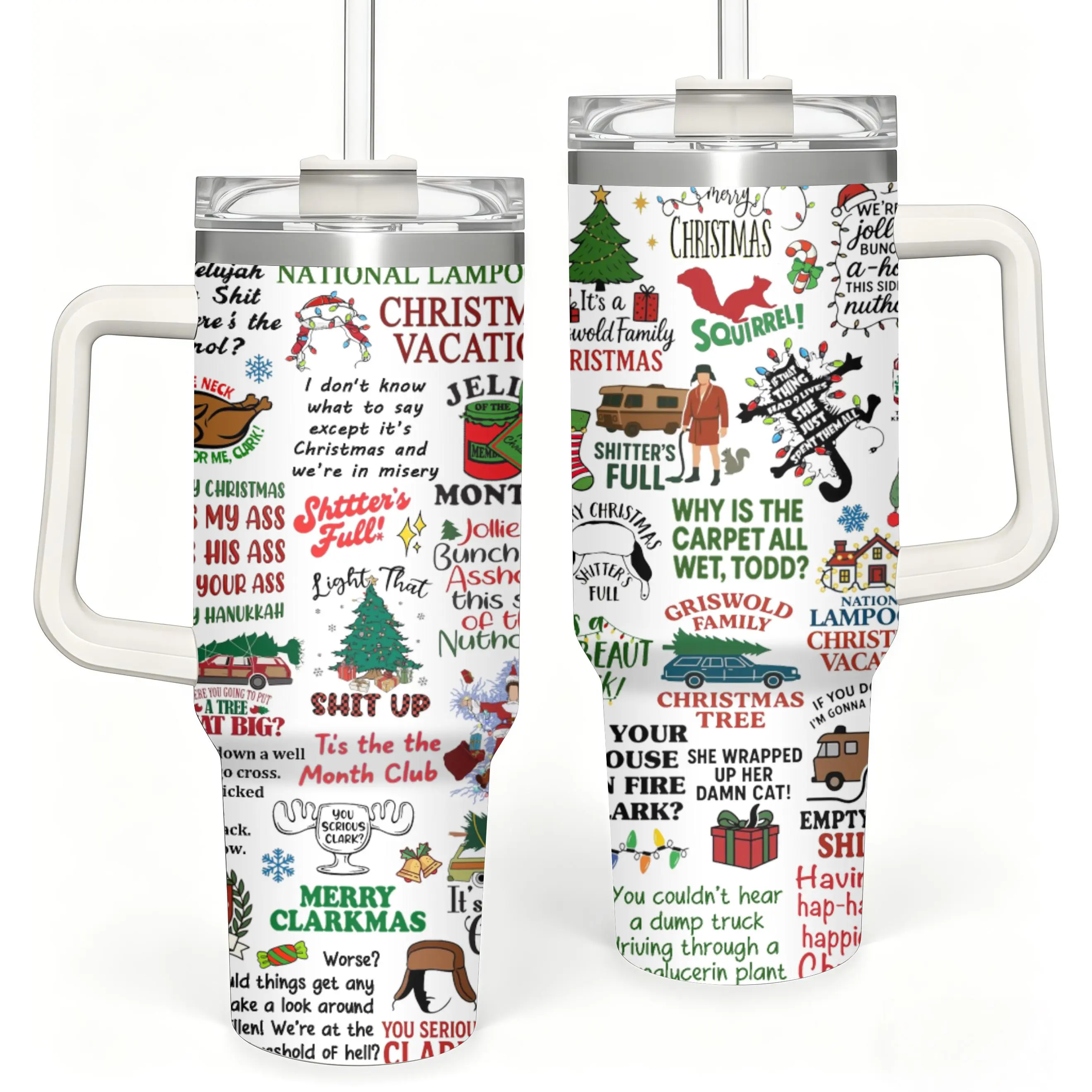 Christmas Vacation Collage Tumbler with Handle, Funny Holiday Movie Quotes Cup, Vintage Christmas Travel Mug, Secret Santa Gift, Gift for Him Her, 40oz Stainless Steel Tumbler, Halloween Christmas Gift