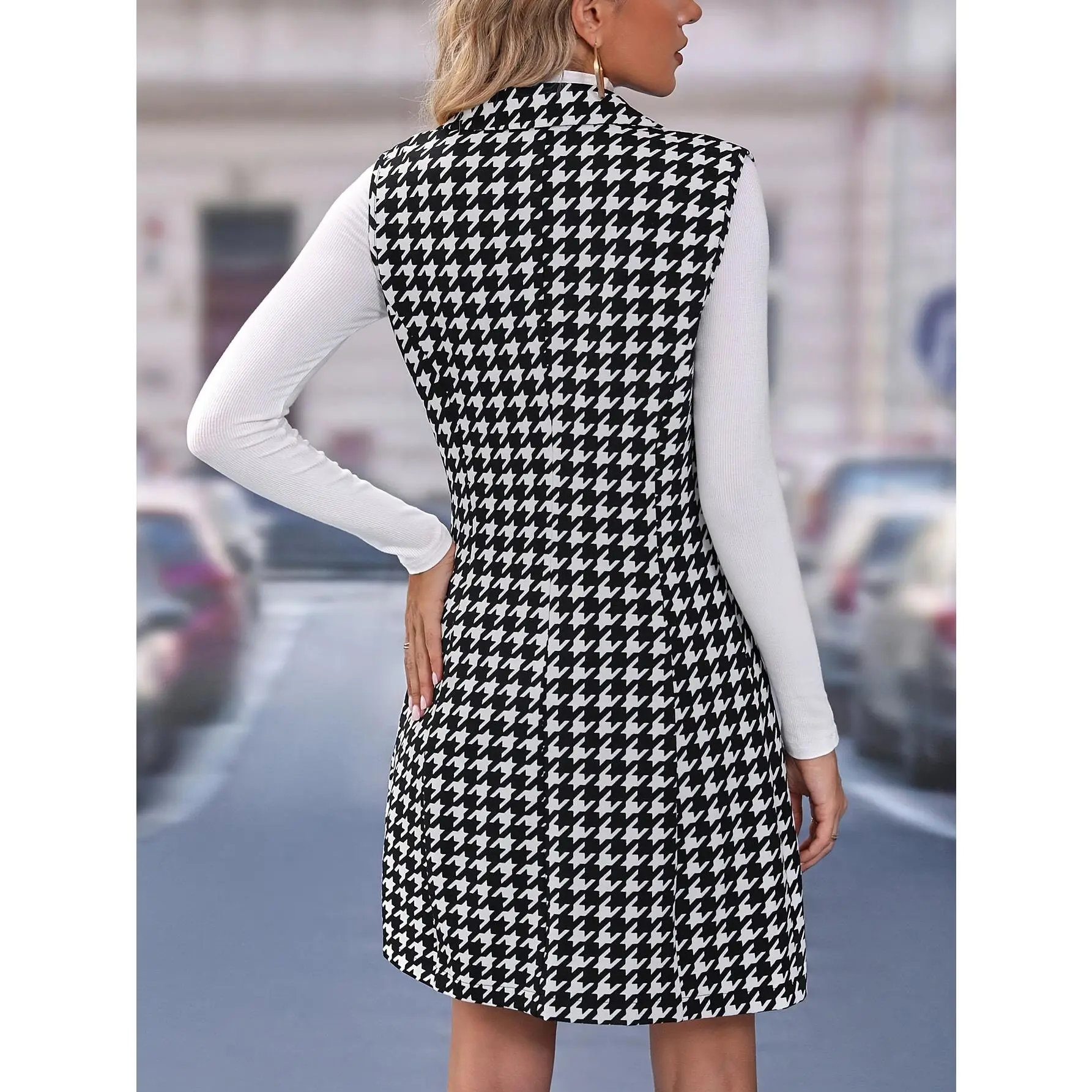 Women's Houndstooth Print Long Vest, Polyester Blend Fashion Top
