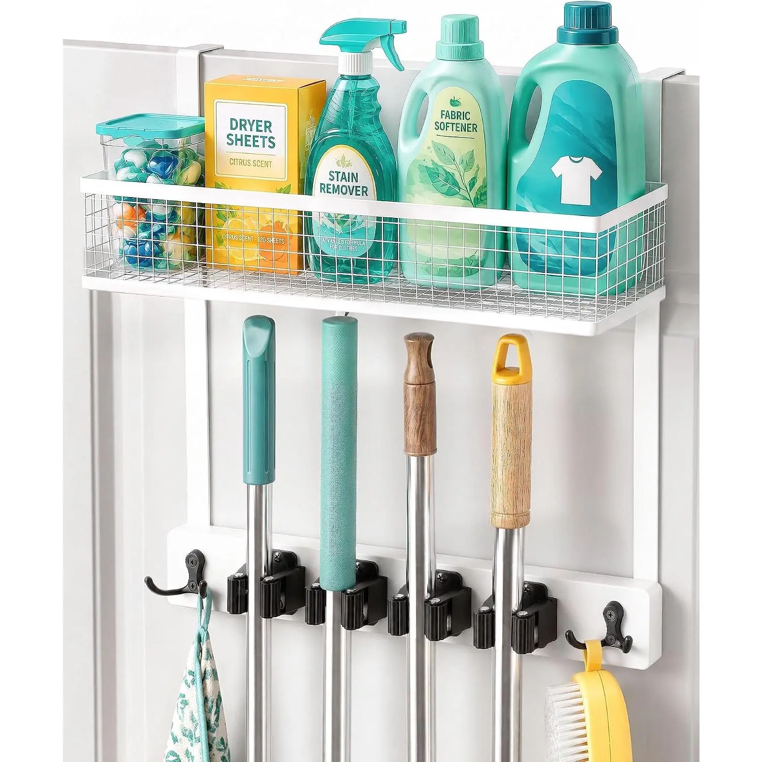 Over the Door Broom Holder with Basket, Wooden Mop & Broom Organizer | with 4 Grip Slots & 4 Hooks, No-Drill Setup, Space-Saving Cleaning  Storage for Laundry Room & Garage