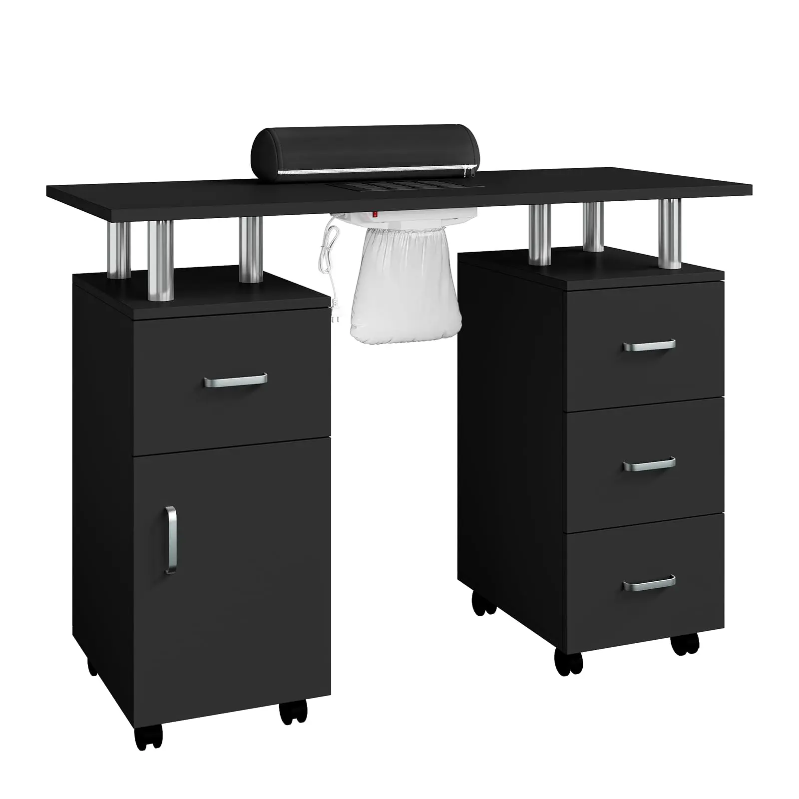 Garvee Manicure Table with Dust Collector, 42" Nail Desk for Nail Tech with Lockable Wheels, 4 Storage Drawers, Arm Rest, Acetone Resistant Top and Storage Cabinet Black