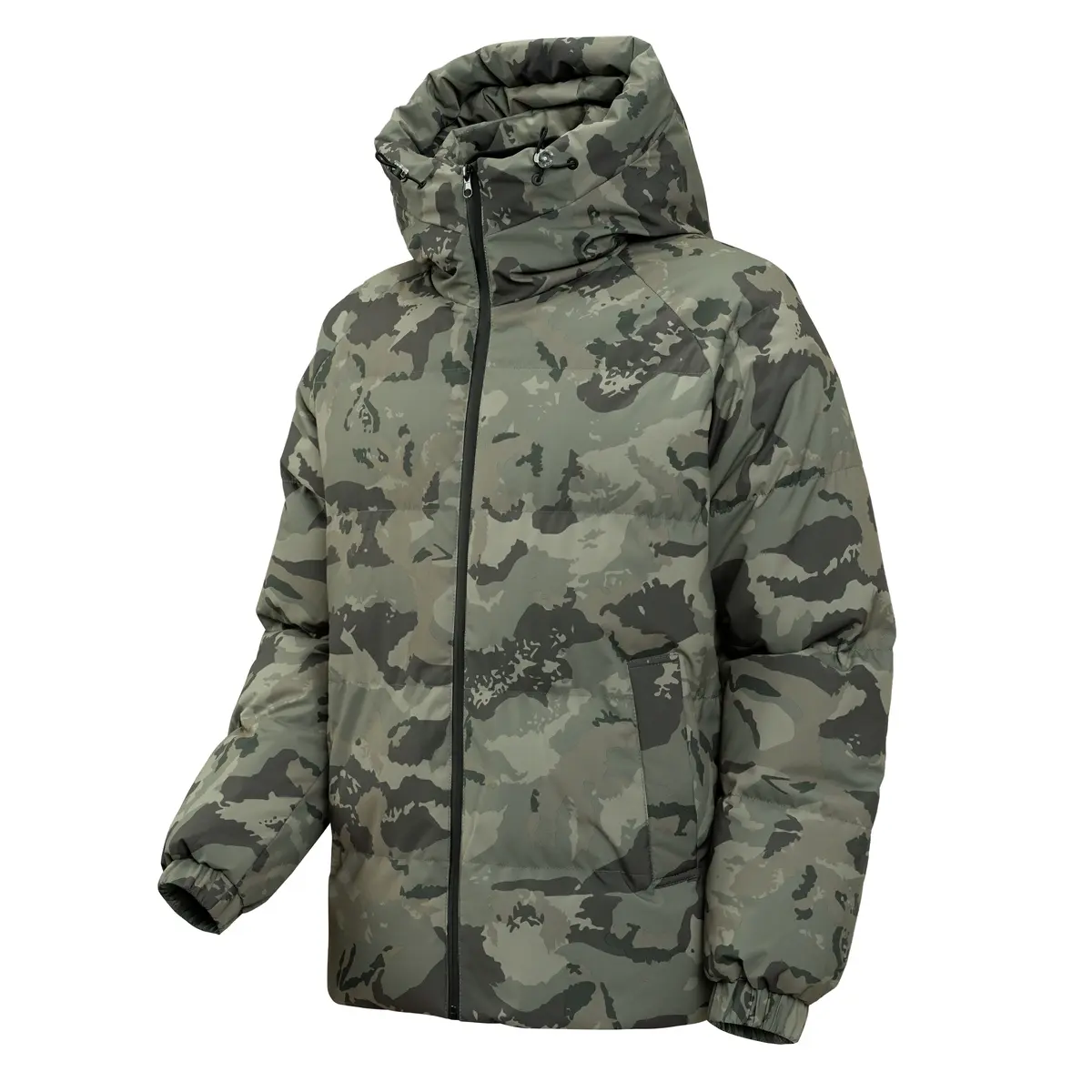 Men's Camouflage Hooded Down Coat - Menswear Long Sleeve Top, Full-Zip, Adjustable Drawstring Hood, Side Pockets, Elastic Cuffs, Thick Polyester Padded, Windproof, Heat-Insulating, Loose Fit for Cold Weather, Outdoor Hiking, Daily Commuting
