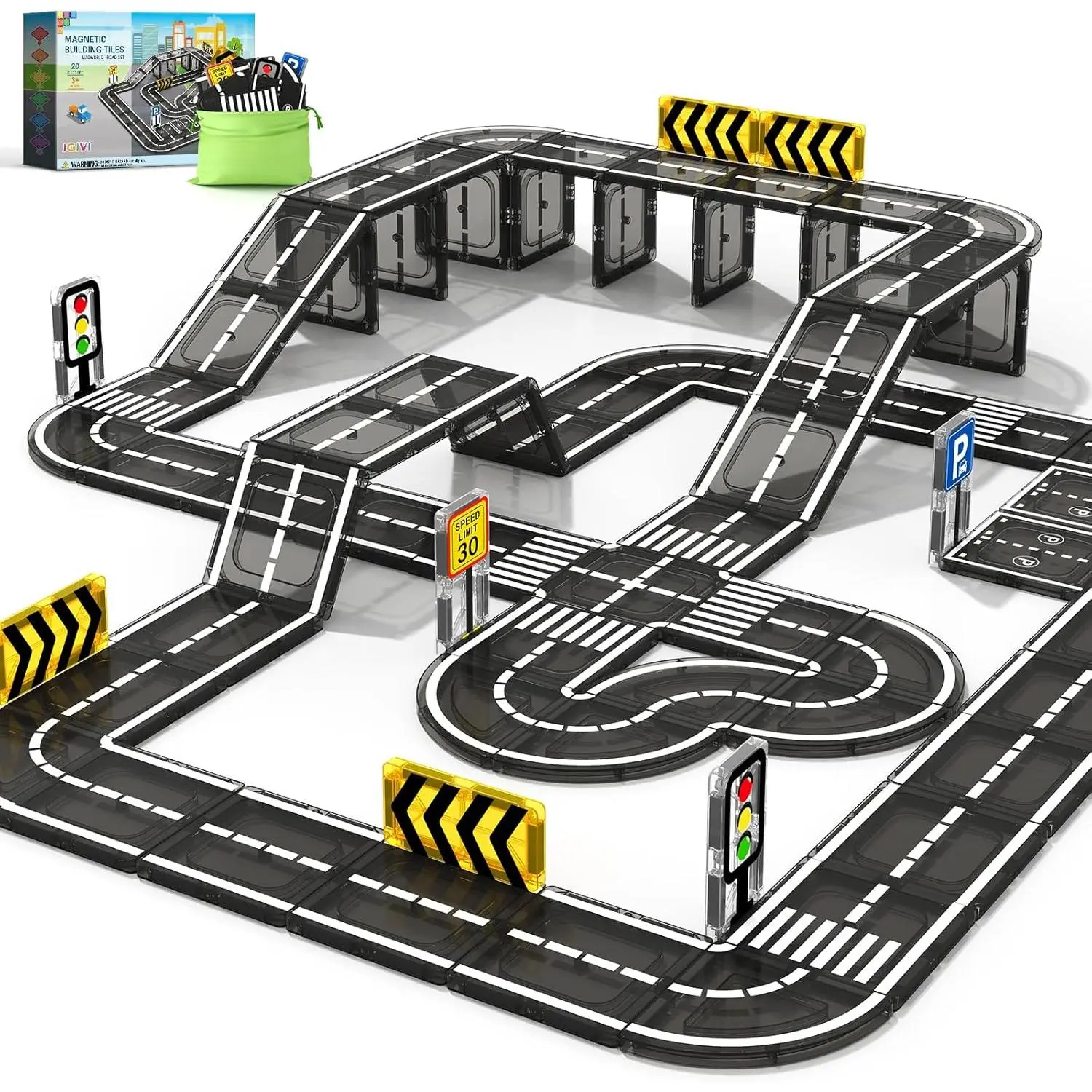 Magnetic Tiles Road Building Bricks & Parts - BPA-Free ABS Plastic Stacking Blocks Buildings, STEM Toys for 3-5 Years Kids, Stimulate Creativity, Family Game Ideal Gift for Boys Girls