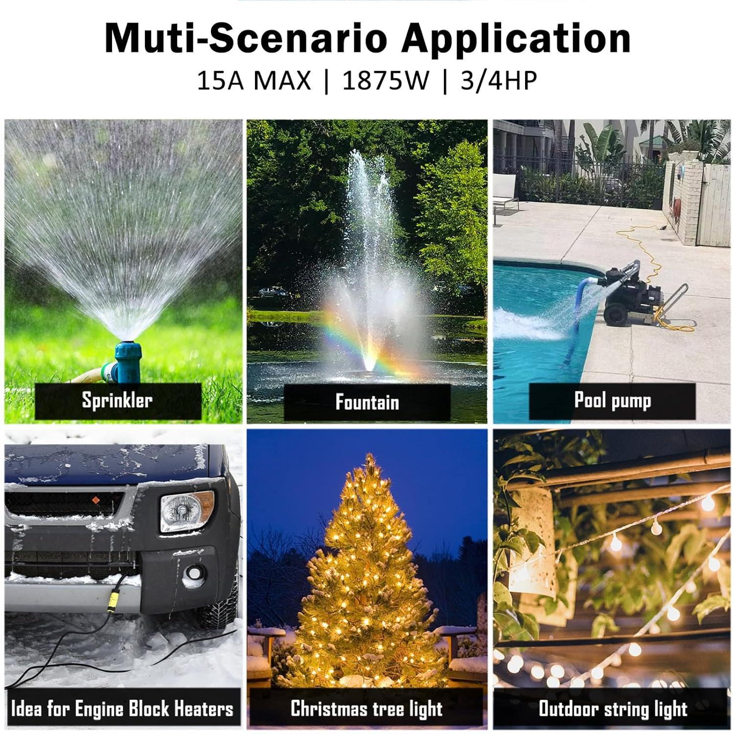 [Enhanced] Outdoor Timers, Mechanical 24 Hour Timer Outlet, Outdoor Light Timer  with Protective Cover, 18 in Cord, 15A 3/4HP, CSA Listed, Ideal for Engine Block Heater, Pool Pump