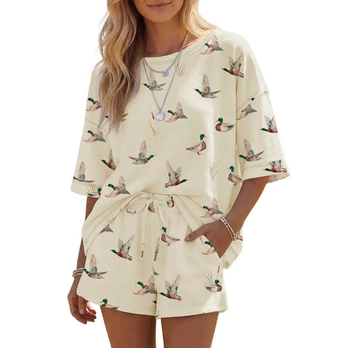 Beige Mallard Duck Print Oversized Tee Drawstring Short Set