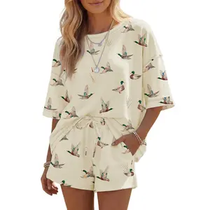 Beige Mallard Duck Print Oversized Tee Drawstring Short Set