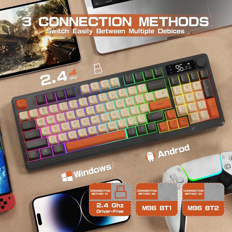 M96 Wireless Gaming Keyboard, 2.4G Dual Mode Wireless Mechanical Keyboard with Smart Display & Knob, Rechargeable Keyboard for Gaming, Boyfriend Gift
