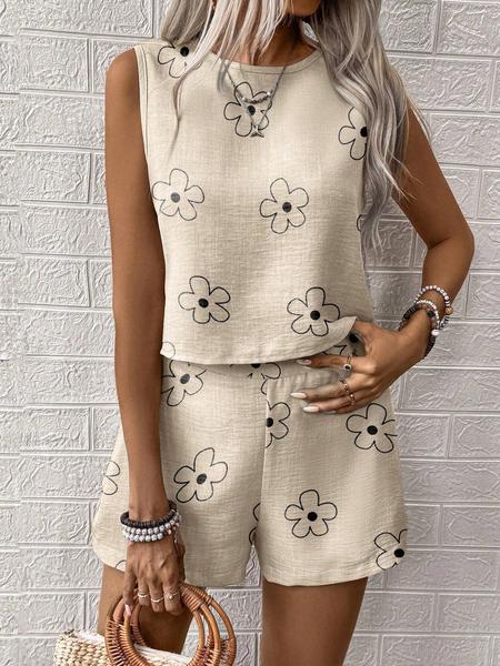 2-Piece Women's Floral Plant Print Sleeveless Top and Shorts Set, Casual Summer Vacation, Slim-fitting Crop Top and Shorts