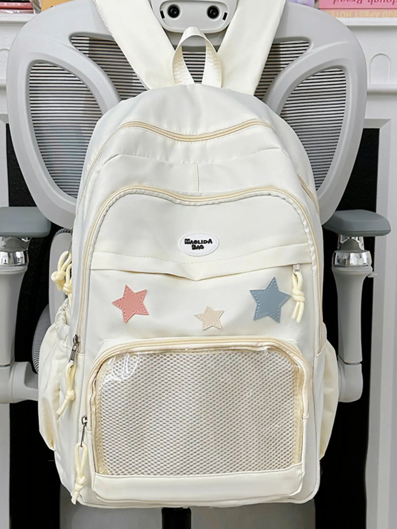 Fresh Pure Color Casual Star Backpack, Durable Waterproof Fabric, Multi-Layer Large Capacity, Unisex Teenager School Bag, Backpack for School, Student Backpack