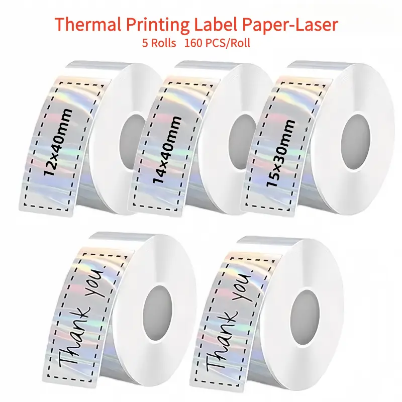 5 rolls of 800-sheet laser label paper; sticker labels compatible with Phomemo Q32/D30/D35/D30S/P15; printers compatible with Phomemo Q30/D30 series label printers; D30 labels suitable for schools and homes.