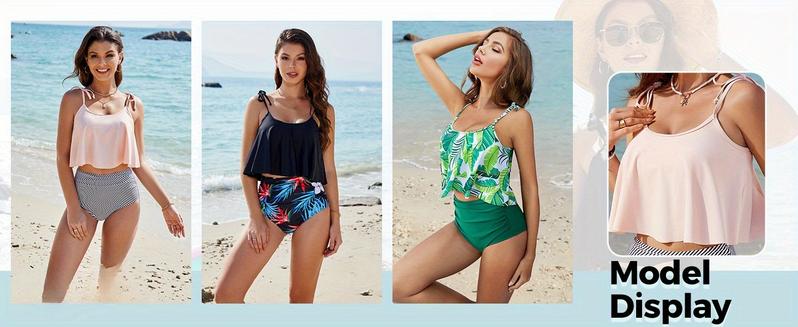 Women's Bikini Swimsuit Two-Piece Swimwear Tummy Control High-Waist Bikini Bottoms Ruffle Top Bikini Set