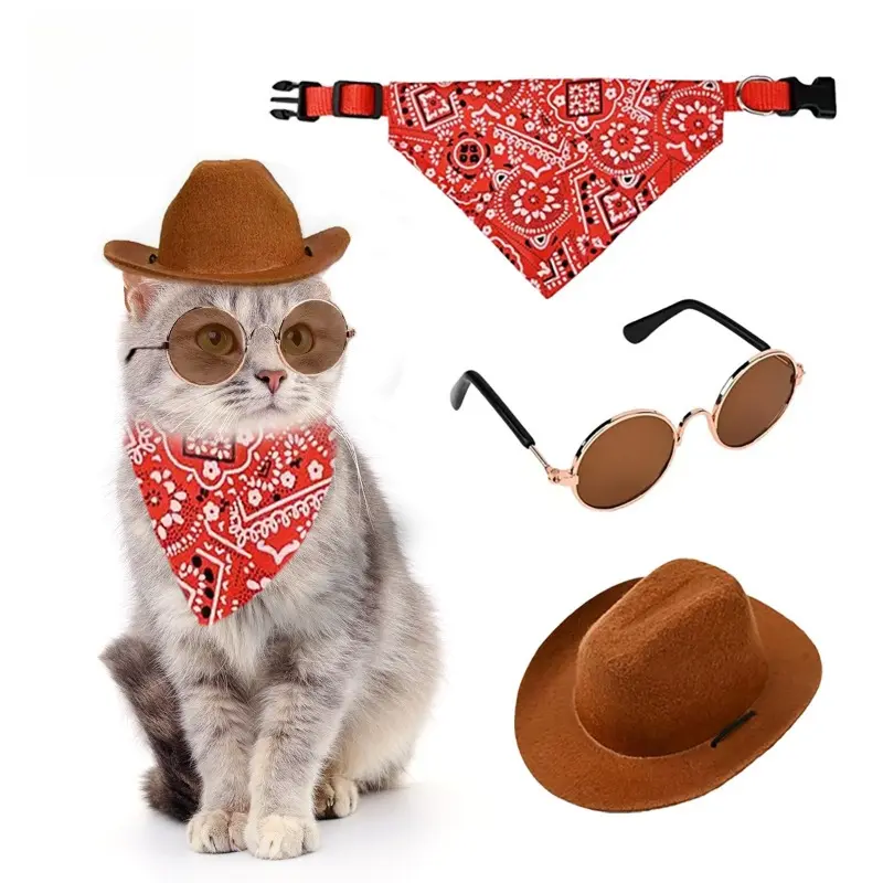 3-Pc Pet Cowboy Costume Set - Miniature Brown Felt Cowboy Hat, Adjustable Red Paisley Bandana Collar, Retro Round Sunglasses for Cats, Small Dogs - Halloween Photo Props (Bag Charm Accessory)