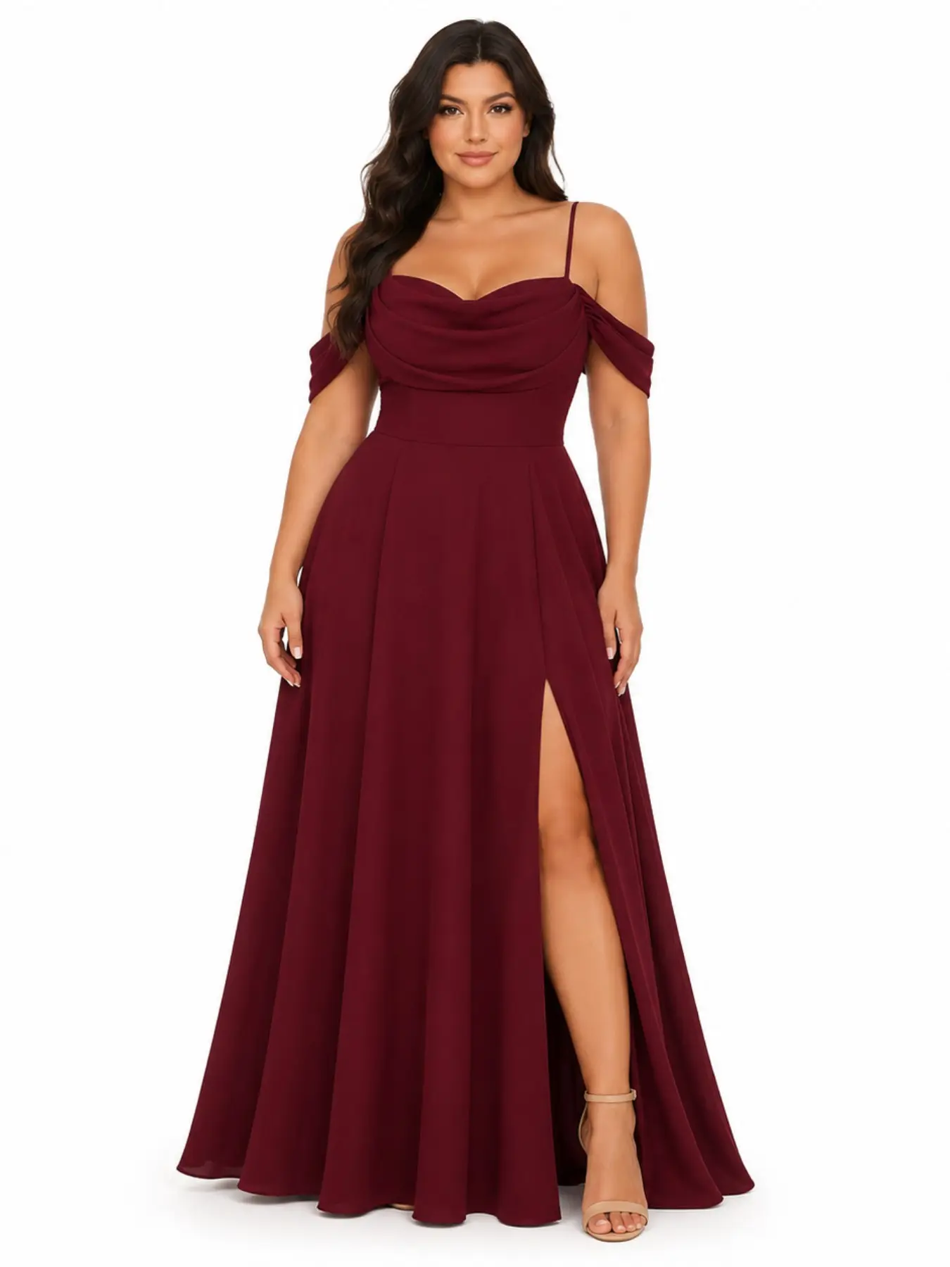 Women's Plus Size Off-Shoulder Chiffon Bridesmaid Dress, Thin Straps High Split Formal Gown, Back Tie Design, Wedding Party Dress