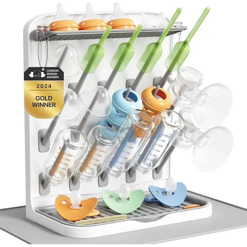 15‑Hooks Vertical Baby Bottle Drying Rack with Drain Mat, Countertop Bottle Organizer Holder for Pacifiers, Breast Pump Parts & Baby Feeding Accessories, Space‑Saving Newborn Supplies Dryer Stand