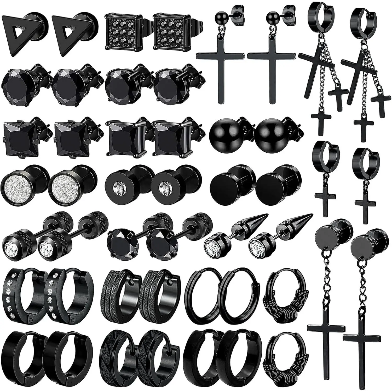 24 Pairs Stainless Steel Earrings for Men Hypoallergenic Inlaid Cubic Zirconia Studs Hoop Earring Cross Dangle Earrings Unisex Punk Stud Earring for Women Men