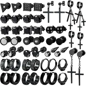 24 Pairs Stainless Steel Earrings for Men Hypoallergenic Inlaid Cubic Zirconia Studs Hoop Earring Cross Dangle Earrings Unisex Punk Stud Earring for Women Men